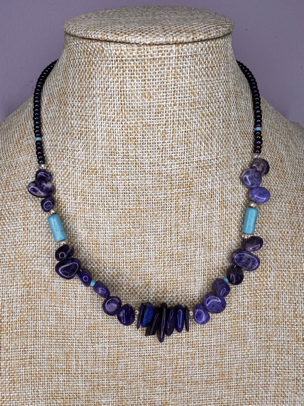 Lapis, Sodalite & Turquoise with Oil Slick Iridescent Beads Silver Tone Necklace